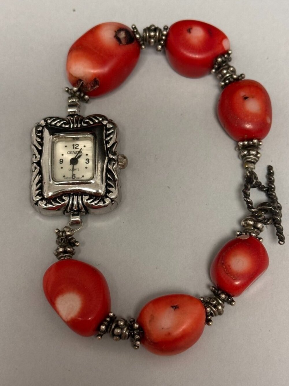 Geneva Watch Women Silver Tone Red Chunky Coral Beads Sterling Clasp Works